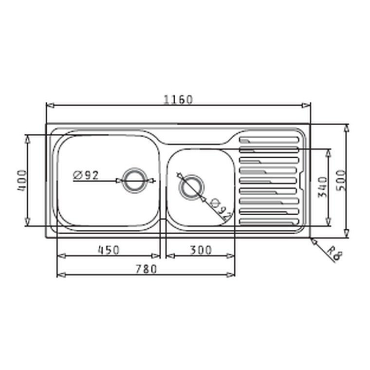 KWIKOT SDI-116-DRHB SS RIGHT ONE & HALF BOWL DROP-IN SINK 1160X500